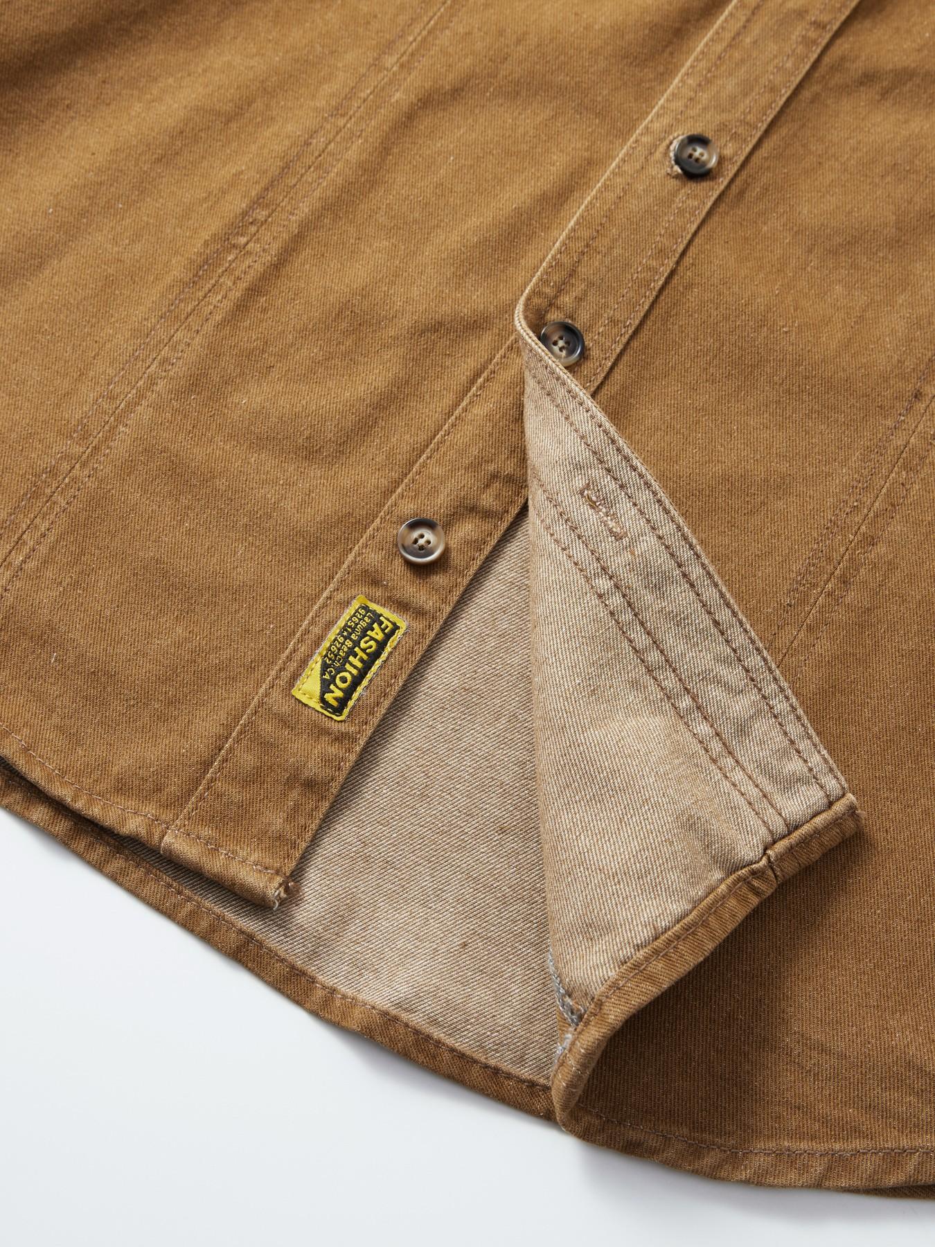 Men's Vintage Fleece Lined Workwear Shirt Jacket, Heavyweight Washed Cotton, Dual Chest Pockets, Copper Buttons, Fall Winter Warm Coat