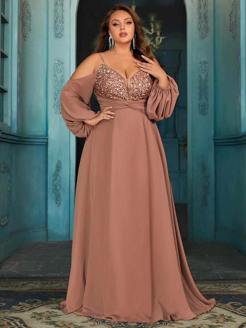 Women's elegant deep V-neck spaghetti strap sequin maxi dress,lantern sleeves chiffon dress, plus-size twisted waist A-line hem formal gown, holiday prom party dresses, wedding guest dresses, bridesmaid dresses,Champagne Color upscale cocktail dress