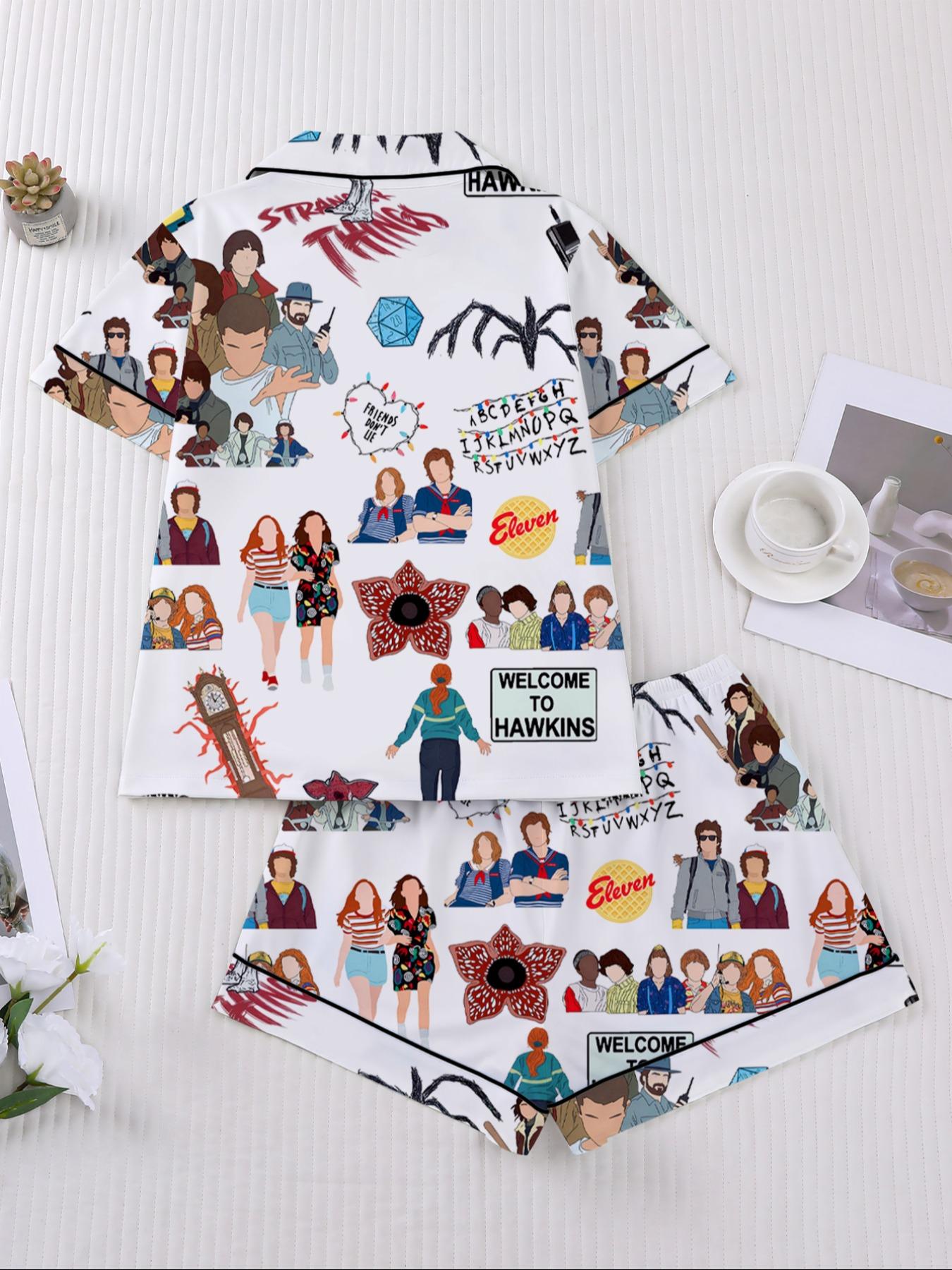 Women's Sleepwear Set, Short Sleeve Button-Down Soft Top & Elastic Shorts, Casual Comfortable Home Wear for Daily Use