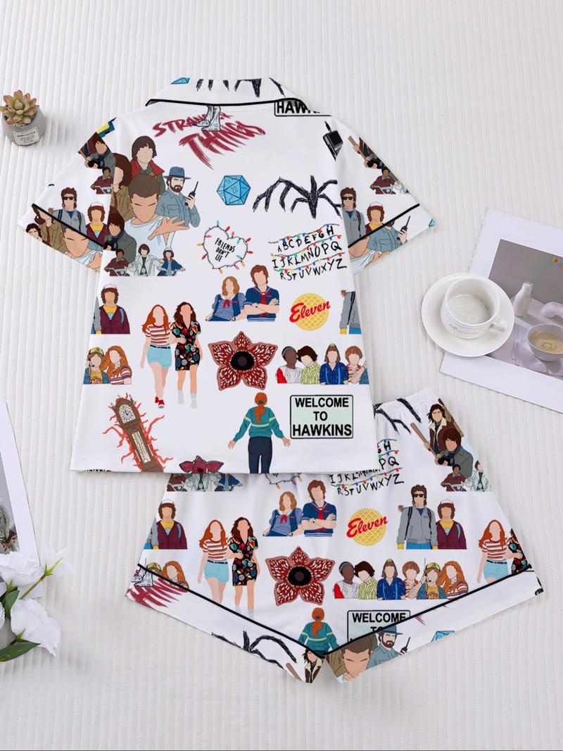 Women's Sleepwear Set, Short Sleeve Button-Down Soft Top & Elastic Shorts, Casual Comfortable Home Wear for Daily Use