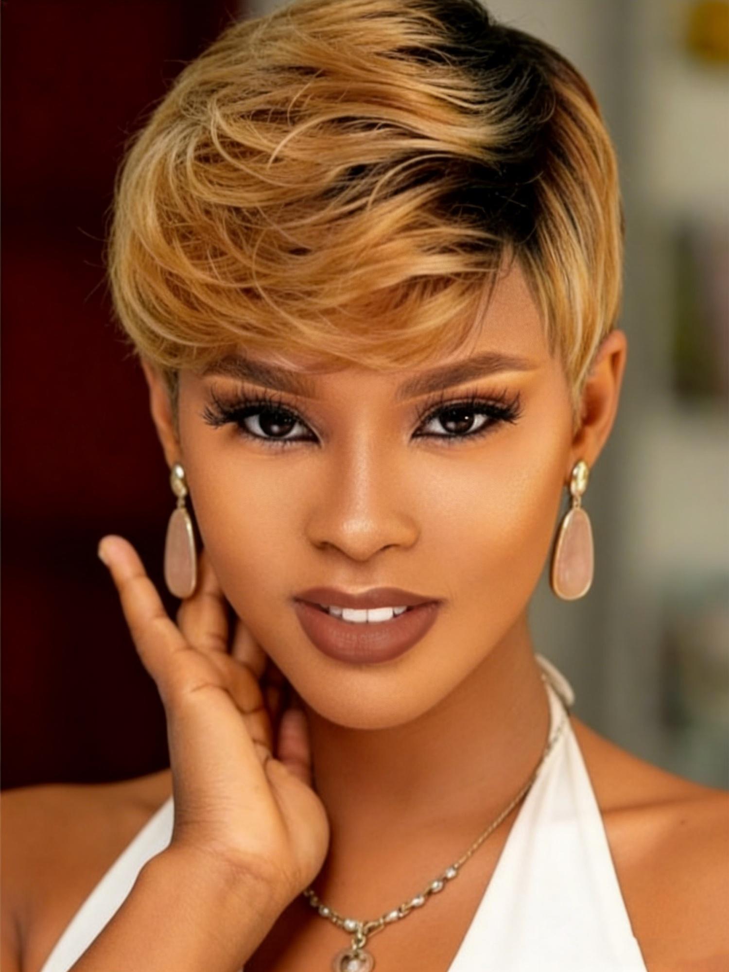 1B30 Colored Short Wigs for Women Human Hair Layered Haircut Pixie Wig with Bangs Easy to Wear