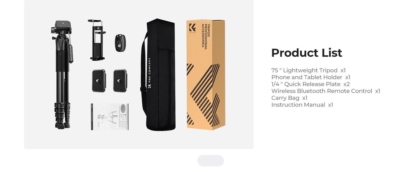 K&F CONCEPT Camera Tripod, 75" Lightweight Portable Travel Outdoor DSLR Tripods for Camera Phone Video Recording Tripod Stand, Cellphone Clip for Smartphone Live Streaming Vlog, Black