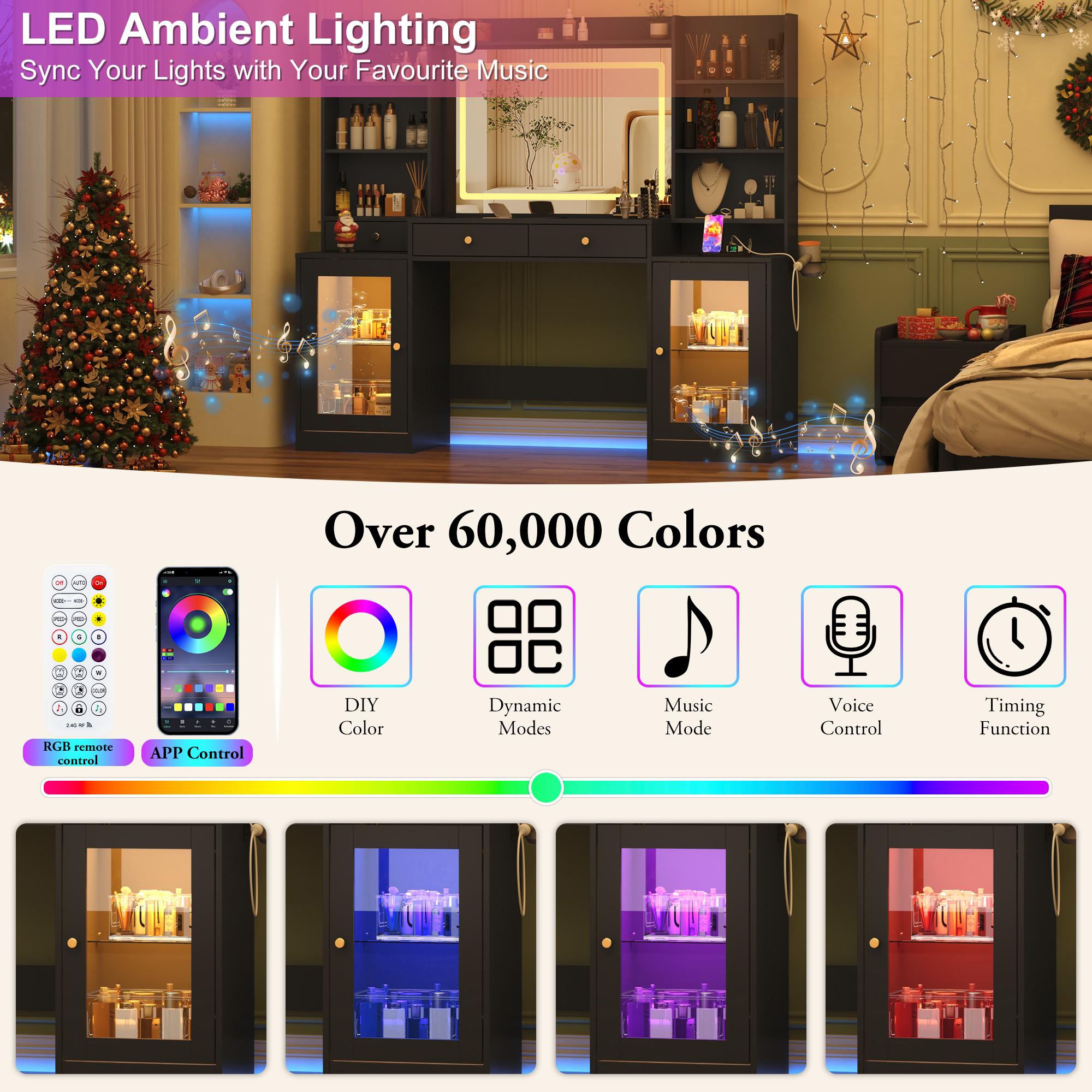 62" Large Vanity Desk w/ Tempered Glass Top,60000-color LED Lights,Power Outlet, Make up Vanity w/ 3 Lights Mode LED Mirror,2 RGB Cabinet LED Vanity Table for Women,Girls (White/Black) 62" Large Vanity Desk w/ Tempered Glass Top,60000-color LED Lights,Power Outlet, Make up Vanity w/ 3 Lights Mode LED Mirror,2 RGB Cabinet LED Vanity Table for Women,Girls (White/Black)