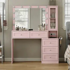 Pink 43" W Vanity Desk With Mirror & 11 USB Power Lights, 5 Drawer Modern Makeup Desk With Glass Top & Cushioned Stool, 3 Lighting Modes Brightness Adjustable,Power Outlet,Bedroom