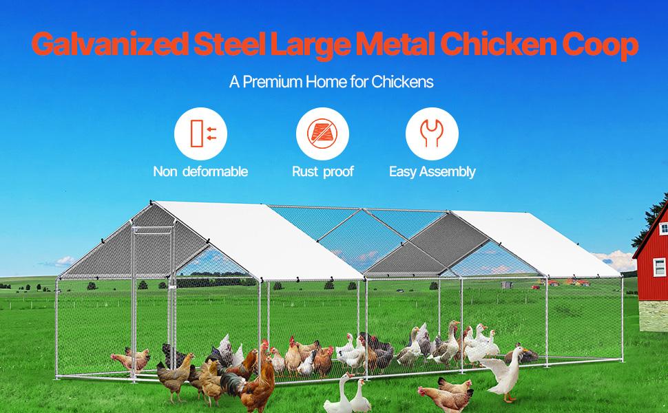 VEVOR Metal Chicken Coop, 9.8x26.2x6.5 ft Large Walk-in Chicken Runs with Cover, Spire Roof Hen House Enclosure with Security Lock, Outdoor Duck Rabbit Cage Poultry Pen for Backyard, Farm, Yard