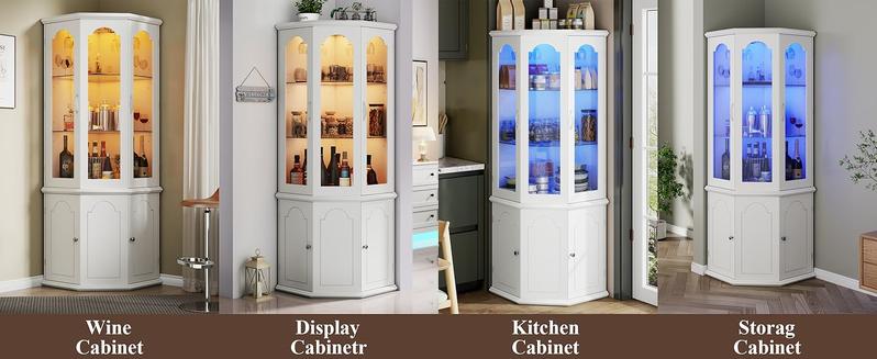 Corner Bar Cabinet LED Lights, Tall Modern Wine Cabinet with Tempered Glass Door & Adjustable Shelves, Home Bar Liquor Storage Cabinet with Glass Rack