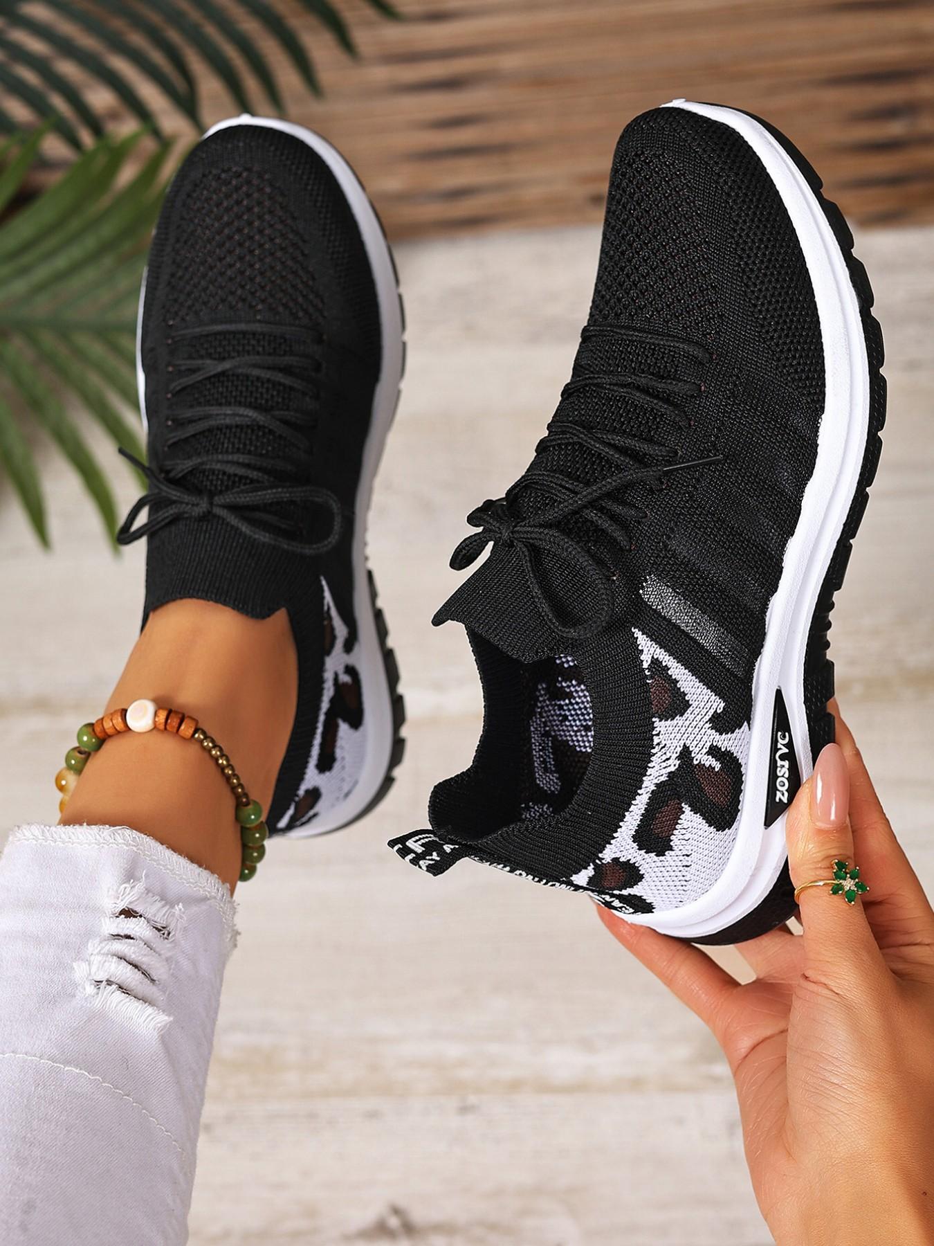 Women's Leopard Print Knit Casual Sneakers – Lightweight and Breathable, Slip-On for Comfortable Fit, Fashionable and Versatile Casual Shoes Suitable for Walking, Traveling, and Daily Wear – The Ideal Choice for Women