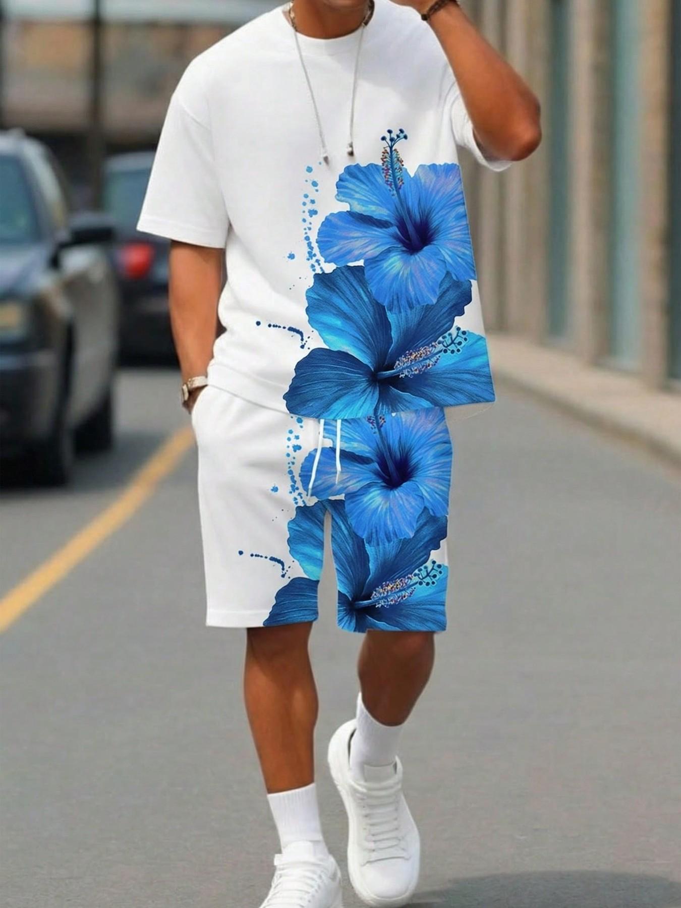 Summer Men's Outdoor Round Neck Short Sleeve T-Shirt and Shorts Set, Floral All over Print, Casual Fitted Style, 2-Piece