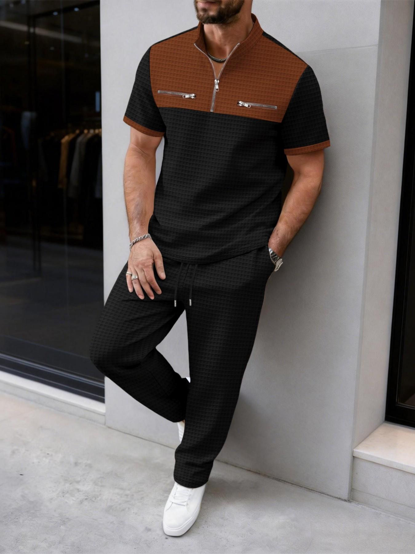 Men's 2-Piece Set, Summer Contrast Half-Zip Stand Collar Suit, Waffle Texture Short Sleeve Drawstring Long Pants, Casual Sportswear, Casual Sportswear Outfit