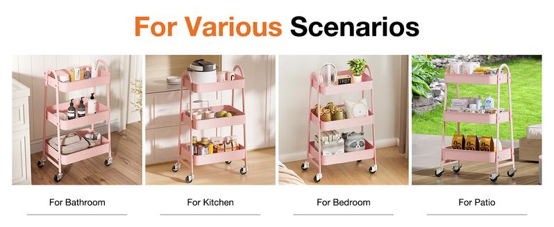 3 Tier Small Rolling Cart, Metal Utility Storage Organizer Kitchen Trolley Bathroom Laundry Room Bar Office Shelves Mobile Shelving Unit with Caster Wheels for Snack Bedside Narrow Places