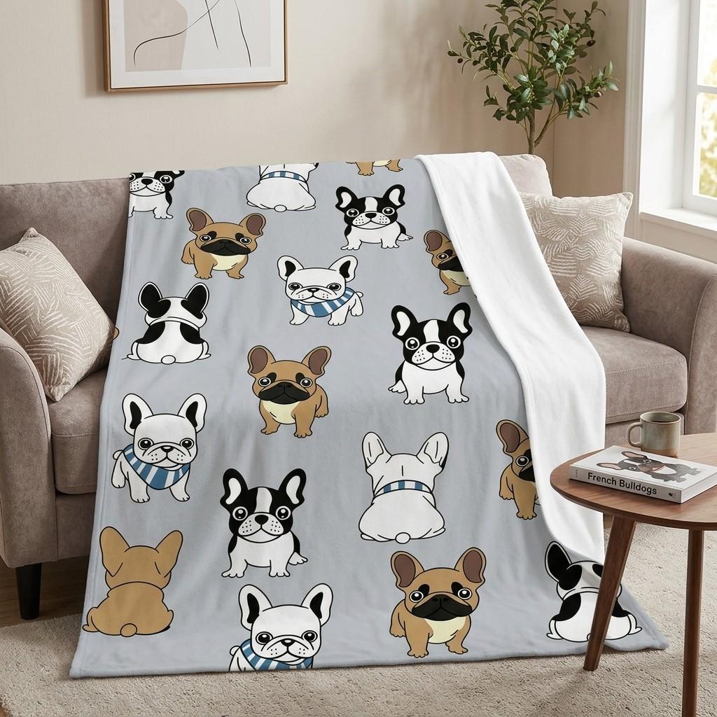 1 Pc Cozy French Bulldog Pattern Blanket for Naps and Relaxation – Perfect for Bedrooms, Sofas, and Camping – Cute and Stylish Cover for Ultimate Comfort
