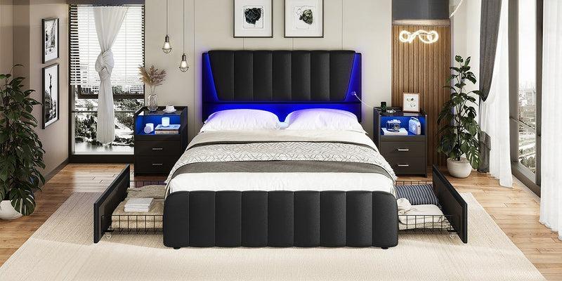 Sikaic LED Nightstand With Charging Station Drawers Furniture Bedroom Table Home Modern Design Bedside Makeup Dressing Desk