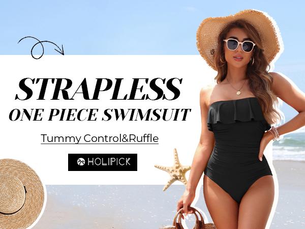 Holipick Black Strapless One Piece Swimsuits for Women Tummy Control Bandeau Bathing Suits Ruffle Slimming Swimwear