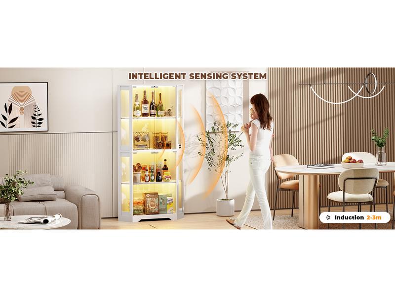 BROTTAR Corner Display Cabinet with Glass Doors, 65" Lighted Curio Display Case with 3 Color Lights for Collectibles, 4-Tier Corner Display Case with Human Body Sensor for Living Room,Large Storage Capacity, White BROTTAR Corner Display Cabinet with Glass Doors, 65" Lighted Curio Display Case with 3 Color Lights for Collectibles, 4-Tier Corner Display Case with Human Body Sensor for Living Room,Large Storage Capacity, White