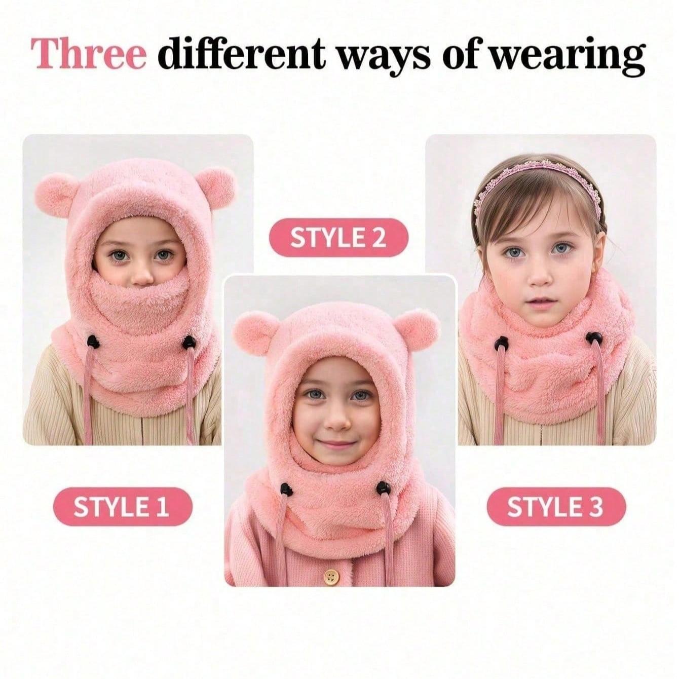 Autumn/Winter Kids Hooded Hat with Cute Bear Ears, Fleece-Lined Scarf and Mask, Unisex Children Outdoor Windproof Animal Headwear, Hooded Bonnet