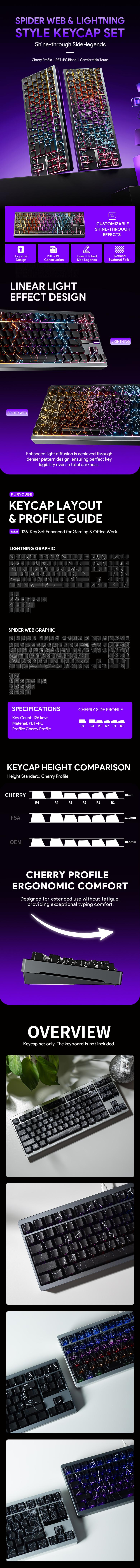 FURYCUBE Contour/South-facing Contours/Spiderweb Keycaps 98/126 Keys Shine Through OEM PBT Keycaps For Mechanical Keyboard Suitable for 60%/75%/80%/90% Layout Keyboard(Only Keycaps, not a keyboard), pc accessory, gamingsetup,