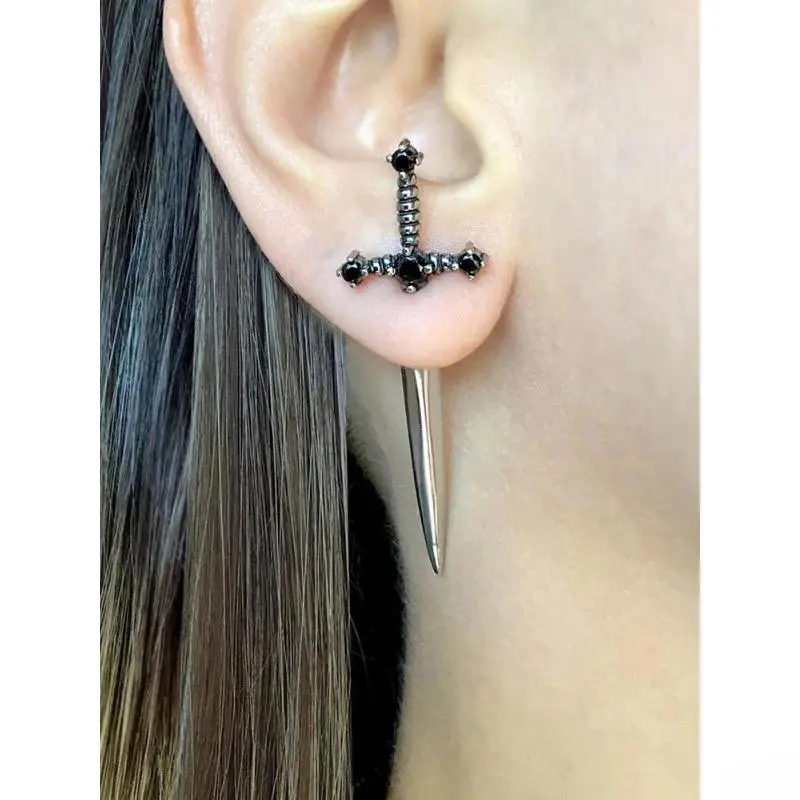 Women's Gothic Cross & Sword Dangle Earrings, Zinc Alloy Punk Studs with Artificial Crystals, Vintage Costume Jewelry for Special Occasions & Daily Outfits, Stylish Gift (DIY Bag Accessory)