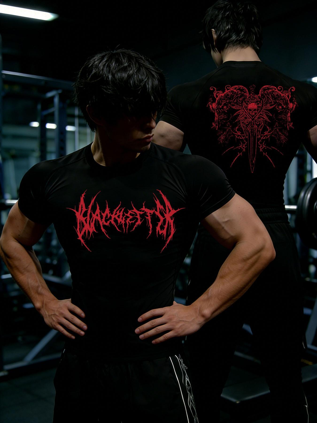 Men's Summer Compression Short Sleeve Y2K Thorns Skull Print Breathable Quick Dry Tight Fit Gym Shirt for Running Training Sports Top