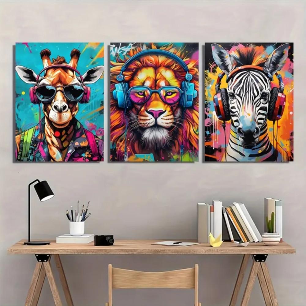 3 Pieces Optional Wooden Frame Cool Graffiti Gamer Headphone Animal Wall Poster Minimalist Wall Art Print Canvas Painting Wall Poster Living Room Home Decor Color Accurate Reproduction Hanging Painting Flat Anti-Wrinkle Art Canvas