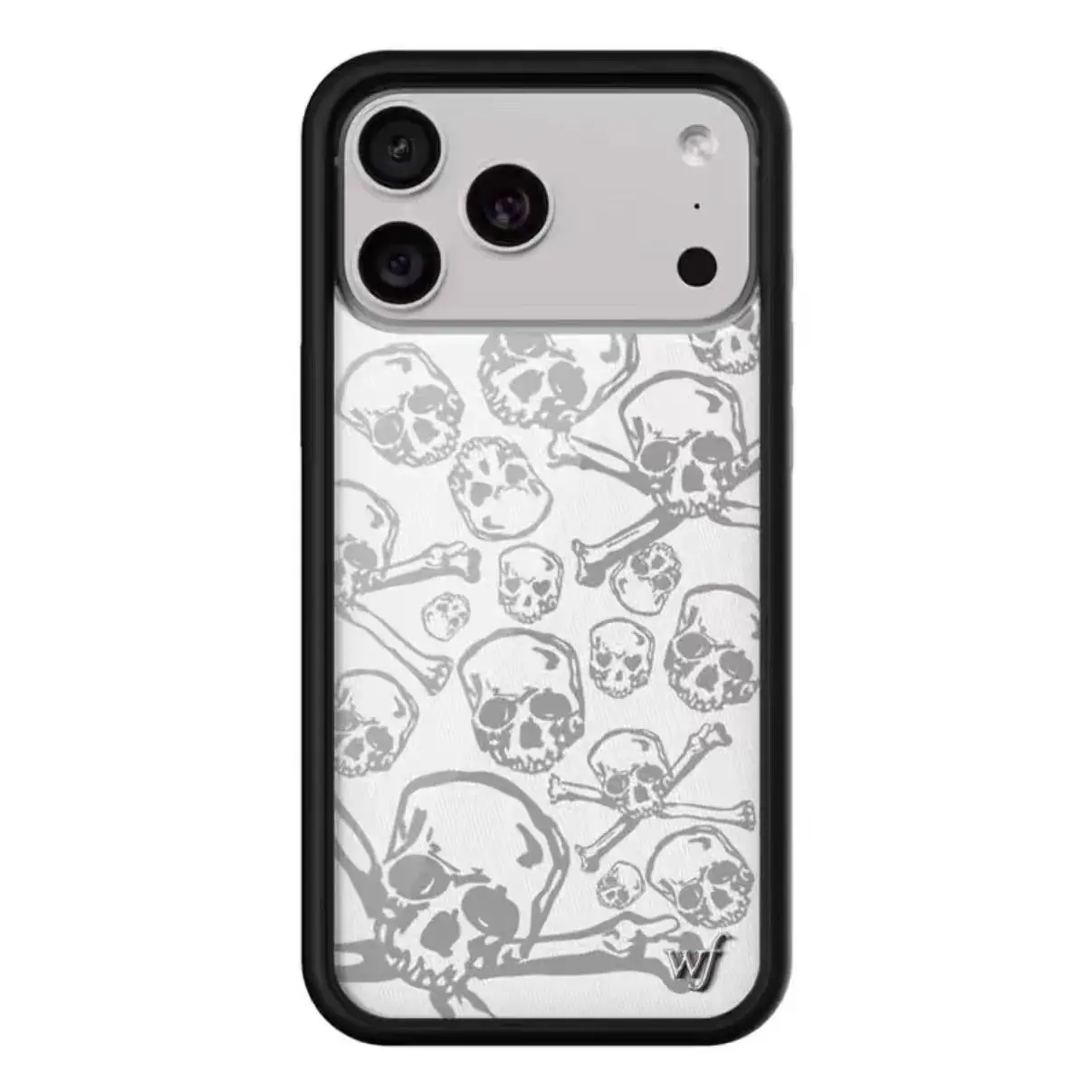 Wildflower INS White Skull Phone Case for iPhone 11/12/13/14/15/16/17 Pro Max Plus, Horror Vibrant Cartoon Design, Black Glitter Highland Cow Pattern, Heavy-Duty Shockproof Anti-Drop  Back Casing promax cover shell