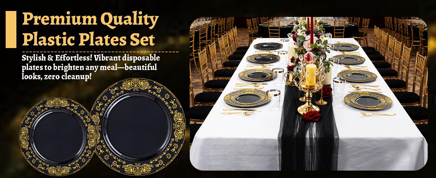 350PCS Black and Gold - Gold Disposable Dinnerware Set Include 50 Dinner, 50 Dessert, 150 Gold Silverware, 50, 50 Cups for Wedding &