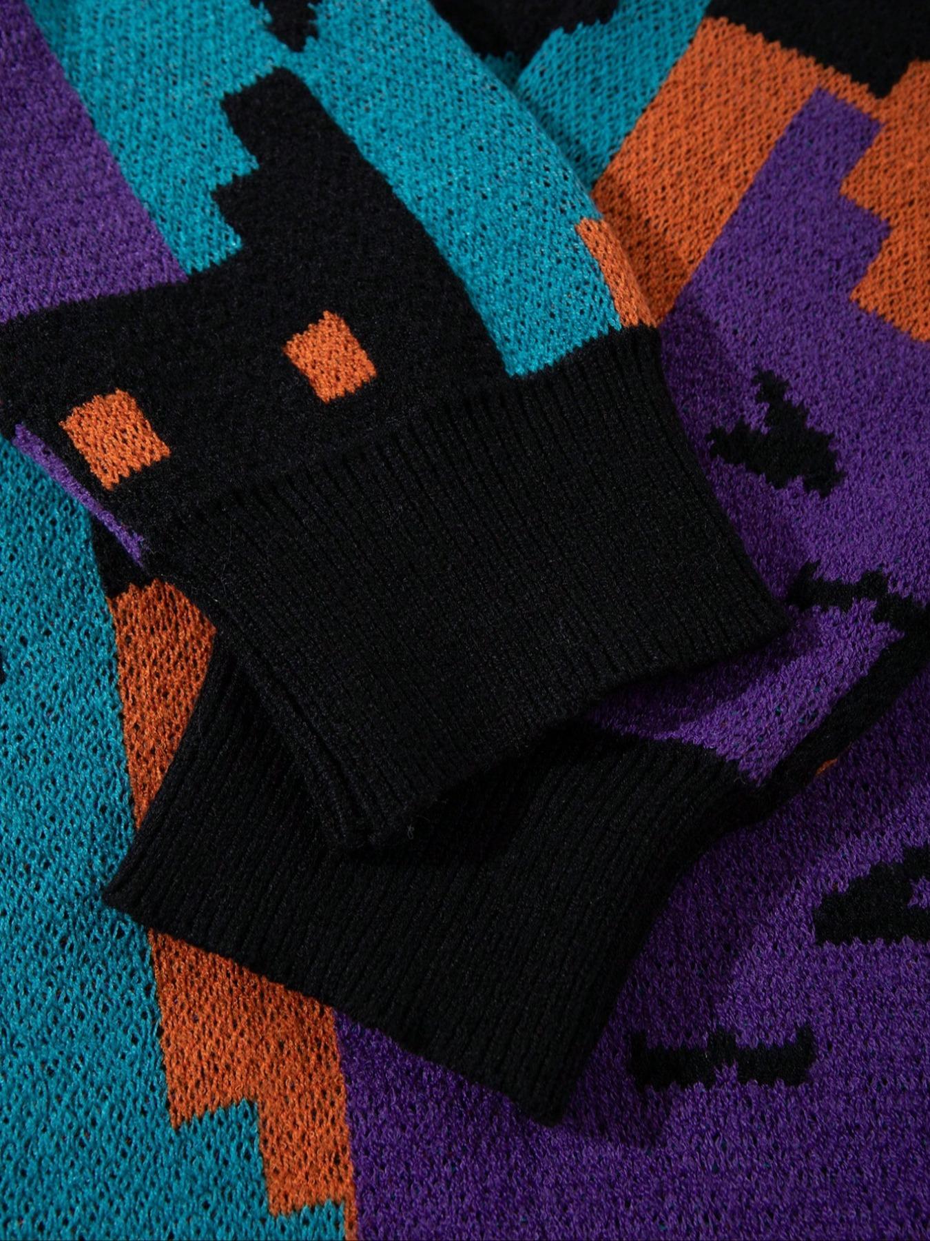 Unisex Casual Knitted Sweater, Vintage Crewnecks Jumper, Long Sleeve Round Neck Pullover, Cartoon Cat Pattern, Spring Fall Winter Wear, Comfortable Commuter Top