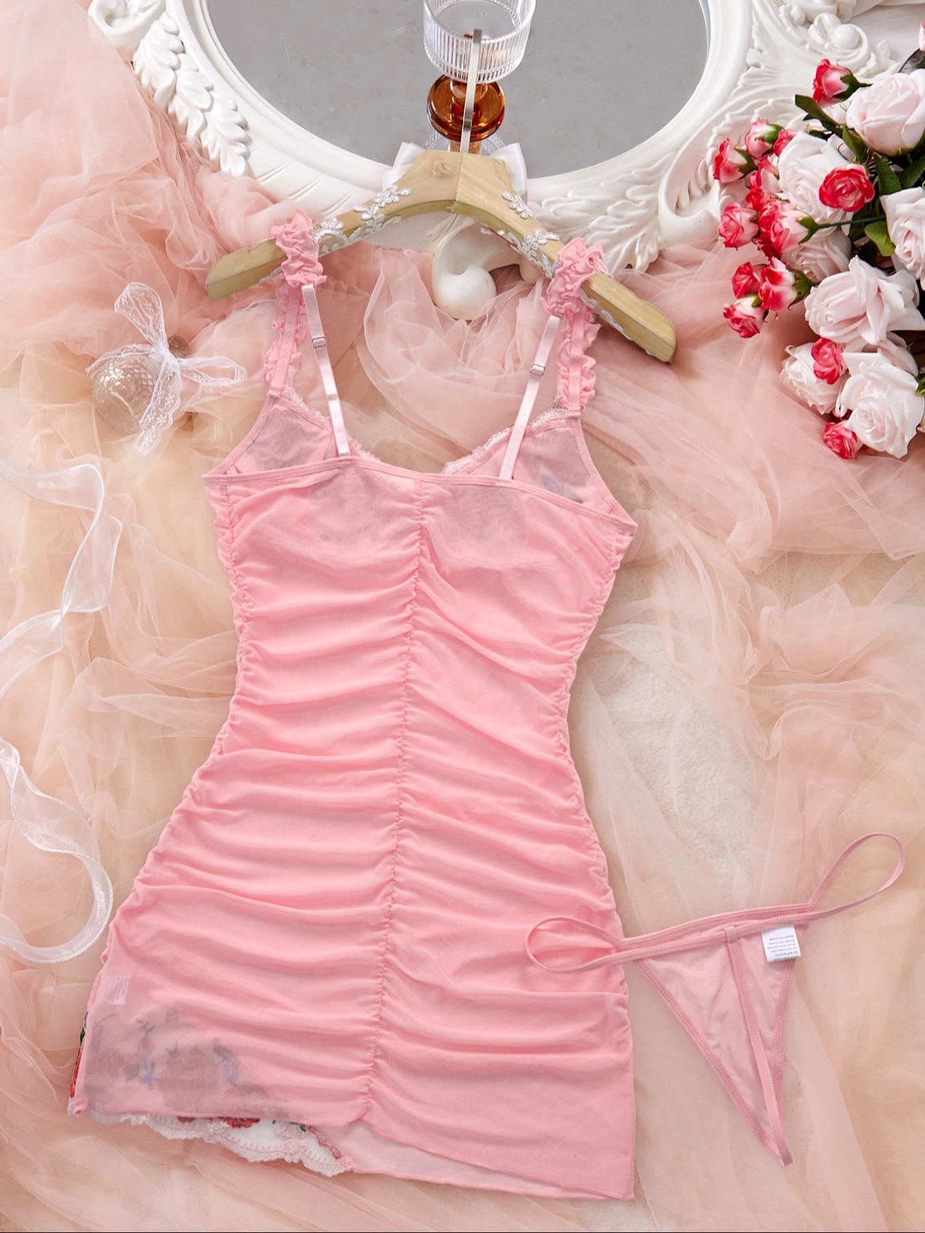 Women's 2-Piece Candy Color Rose Embroidered Sleepwear Set, Soft Comfortable High Stretch Home Strapless Nightgown, Elegant All-Season Pajamas