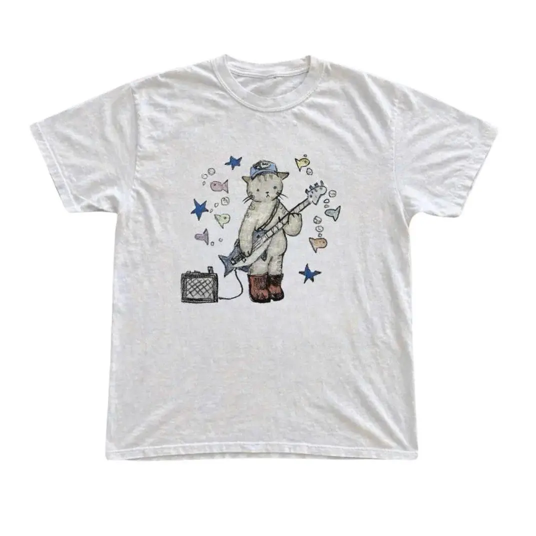 Rock Cat White T-Shirt, Animal Tee, Gifts Shirt, Unisex Vintage Graphic Tees Gothic Grunge Y2k Emo Scene Amity Affliction Style Clothes Men Women Streetwear t0730