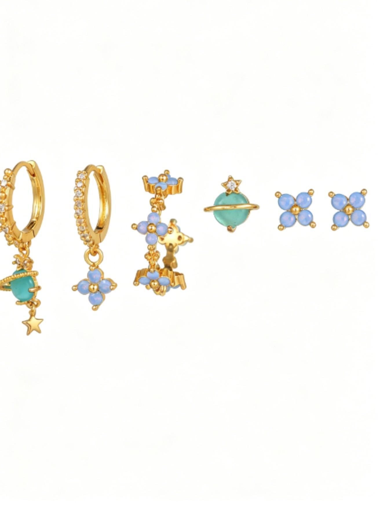 6-Piece Copper Earring Set, Zircon Blue Imitation Opal Star Dangle Earrings, Stackable Flower Studs, Elegant Jewelry for Women