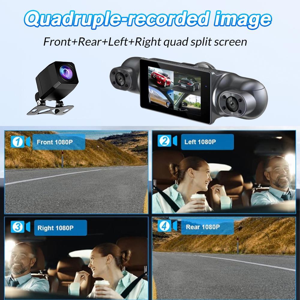3/4 Lens Channel Dash Cam 1080P HD Ultimate Safety Dash Cam Set, 1080P Front and 720P Full Coverage Front, Rear, Left, and Right, Quad-Split Screen Display, HD Night Vision, WDR, G-Sensor, Loop Recording - Car Accessories/Car Dash