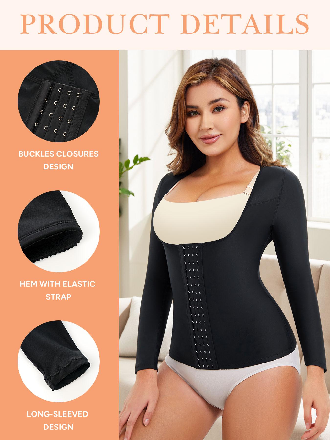 Women's Long Sleeve Post-Surgery Bra Top, Soft Breathable Back Crossed Dual Layer Support, Button Front Abdominal Shapewear
