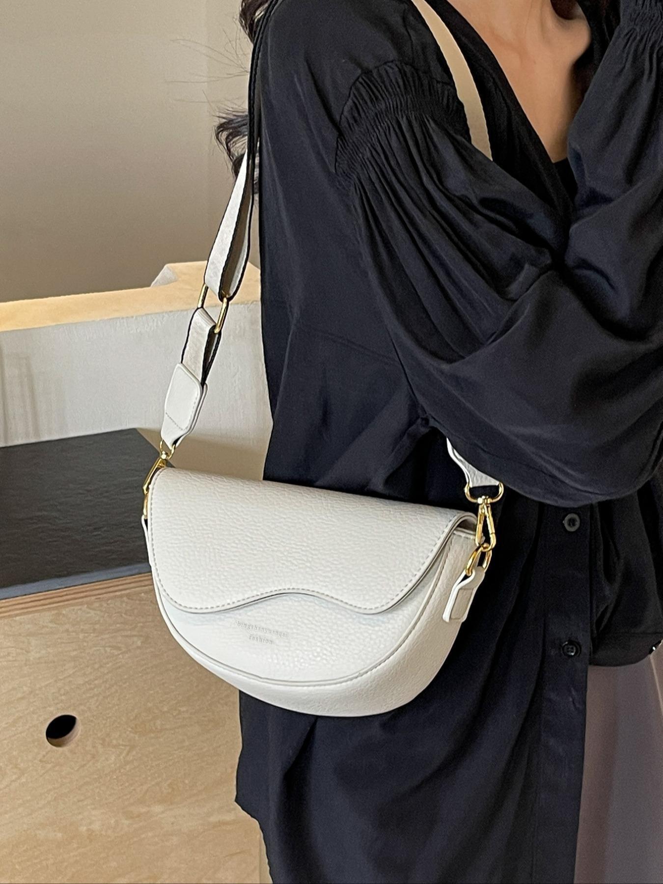 Women's Retro Solid Color Saddle Bag, Wide Shoulder Strap Messenger Bag, Fashionable Classic Popular Shoulder Bag, Suitable for Daily Outing