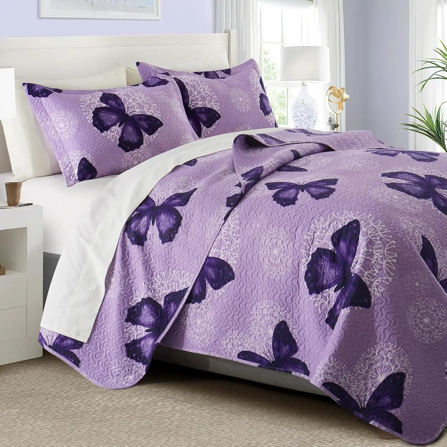 3-Piece Butterfly Printed Quilt Set Soft Microfiber Lightweight Bedspread Coverlet Throw Blanket with 2 Pillow Shams All Season for Adults Teens Girls, Purple, Full/Queen