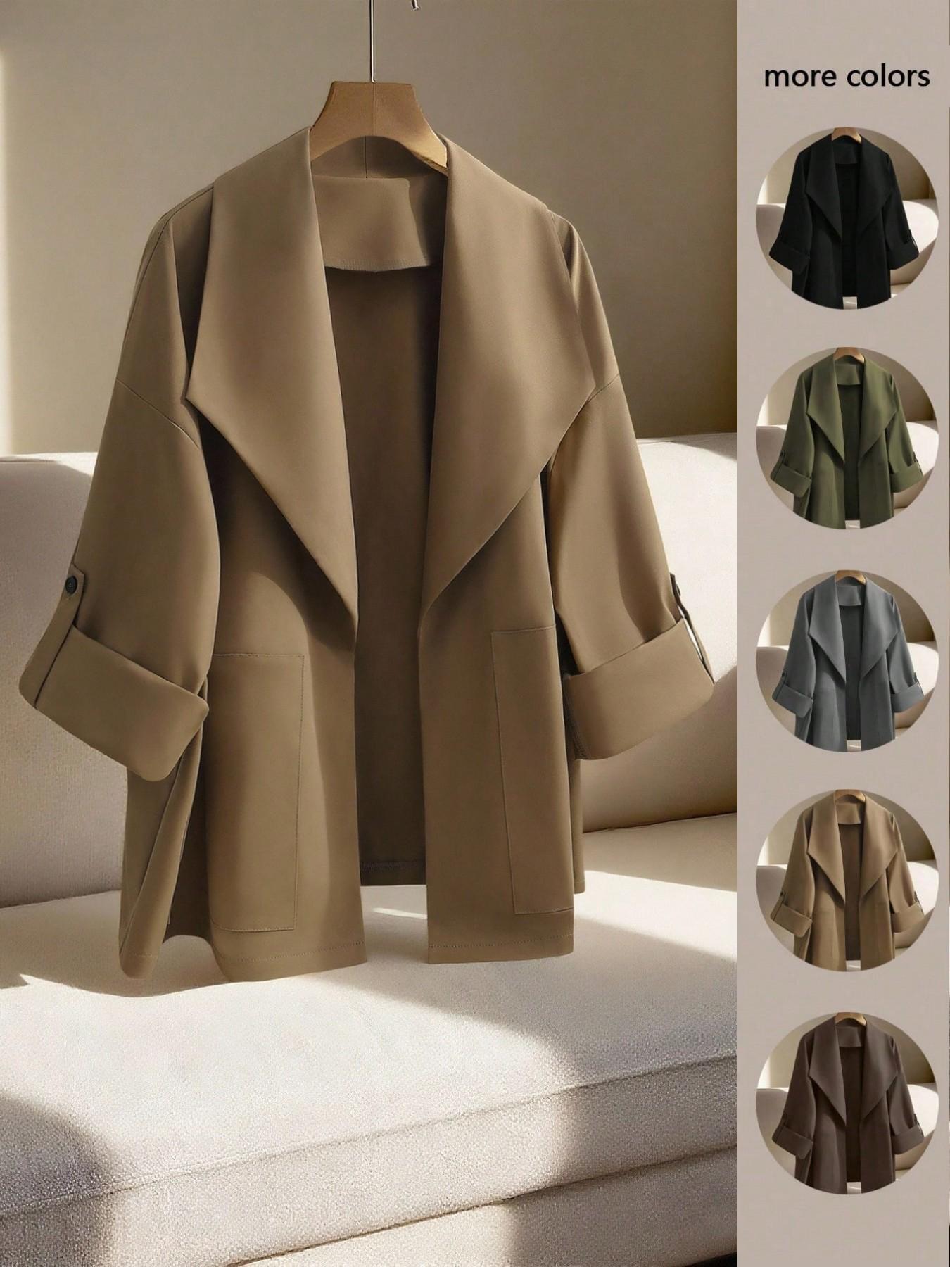 Women's Plus Size Curvy Open Front Jacket Tab Sleeve Draped Lapel Loose Basic Casual Coat Outerwear Solid Fall Winter Office Workwear Daily Commuter Trendy Chic Minimalist Office Style