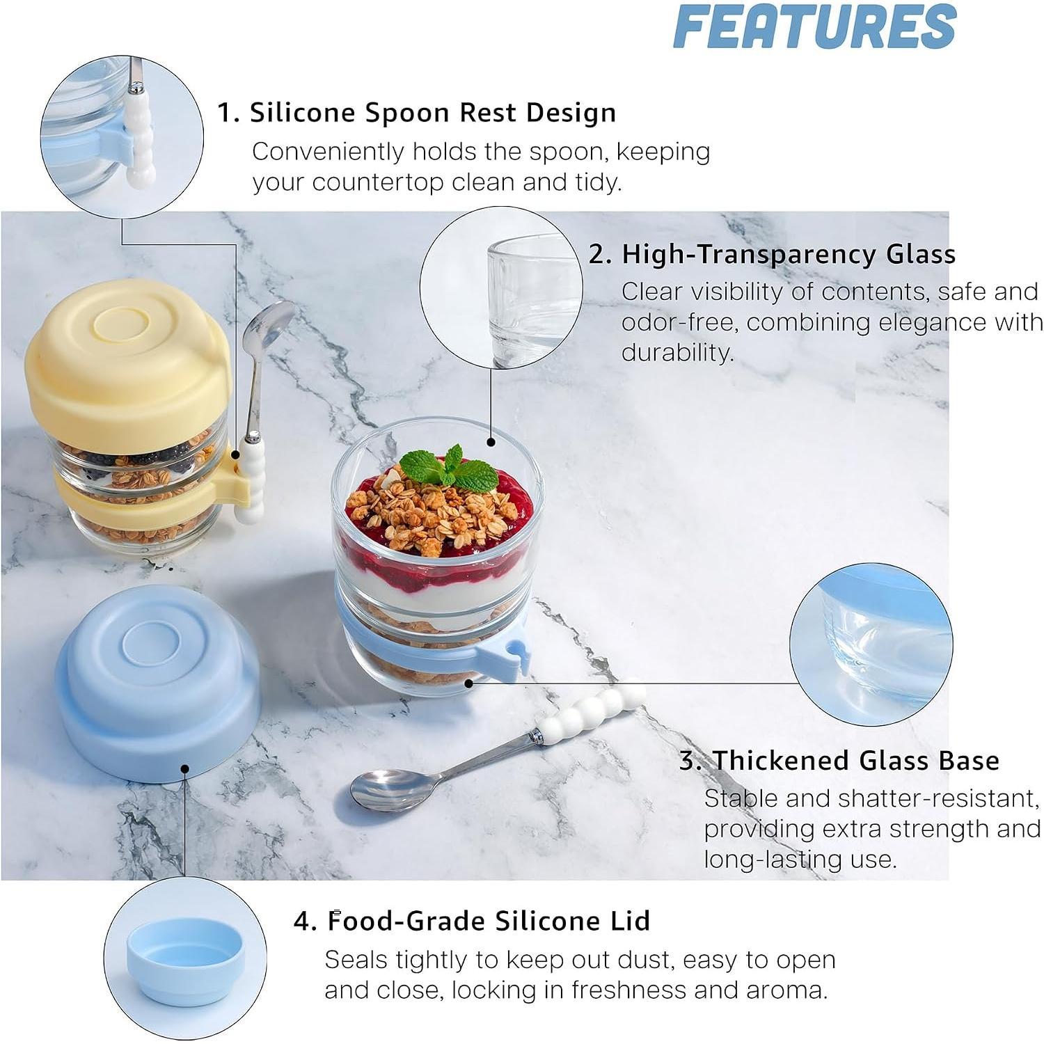 4 Pack Parfait Cups with  and Spoons –  Yogurt Cups for -the-Go Breakfast, Snacks & Overnight Oats