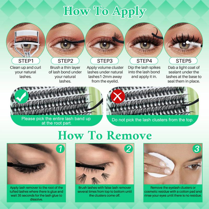 1915 PCS Lash Clusters Kit D Curl 11 Styles Cat/Volume/Spikes/Bottom Lashes Book Kit with Bond&Seal Lash Remover Brush Lash Applicator Headband Wristband set and Lash Shampoo&Brush, Perfect for Beginners&Proficient, DIY at Home Easily