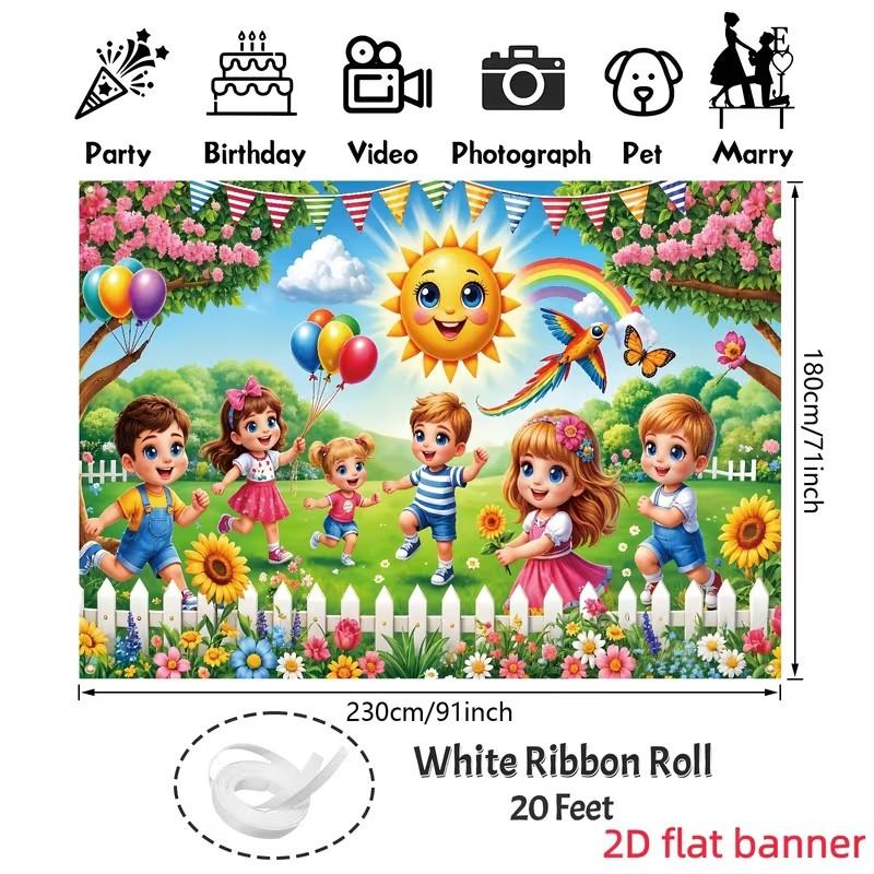 Happy Kids Spring Garden Backdrop Banner, Cartoon Sun Birthday Party Photo Backdrop, Kids Classroom Decor, Home Decor, Festival & Party Supplies