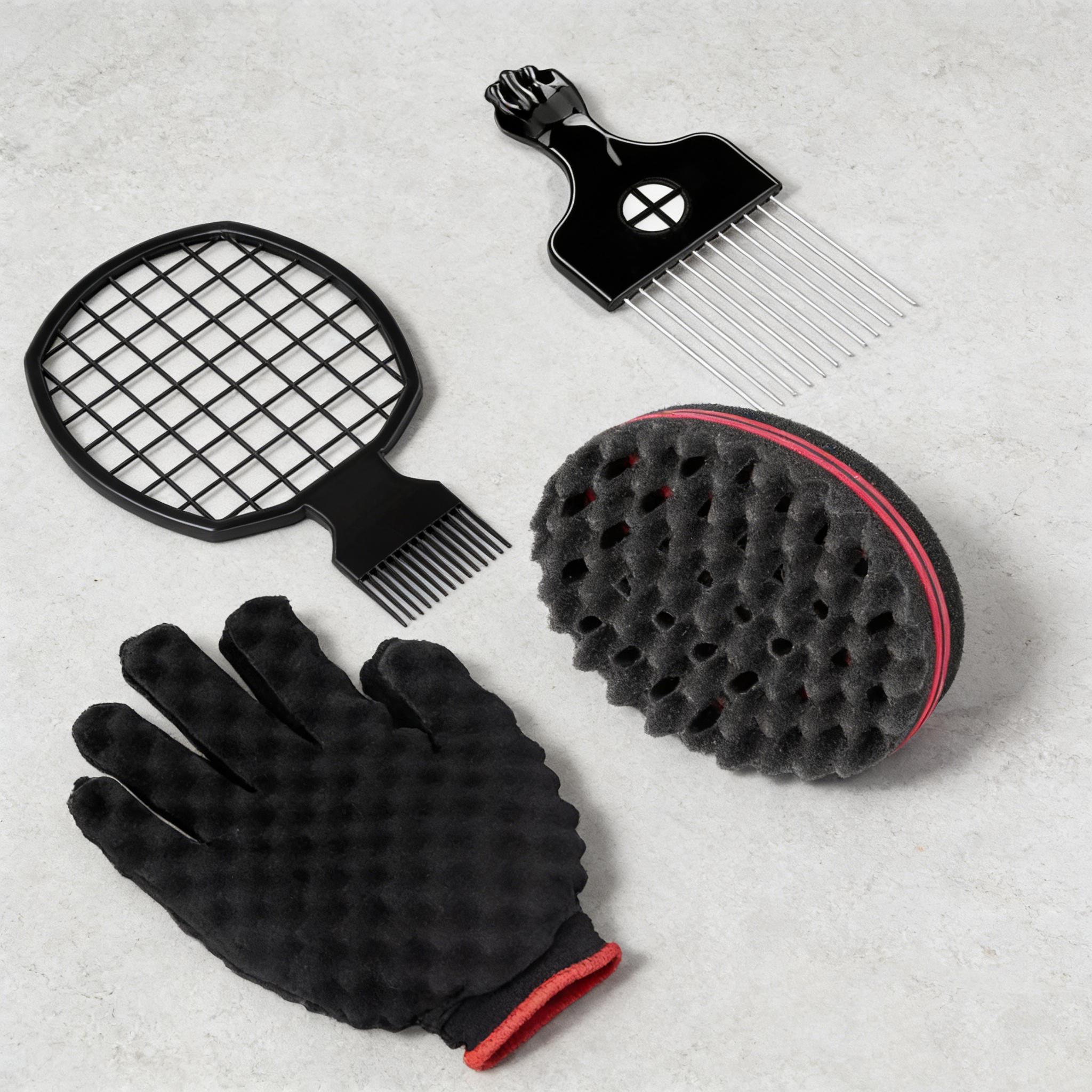 4-Piece Hair Styling Tool Set, Styling Kit, Heatless Styling, Includes Sponge Curl Brush, Perm Grid Comb, Sponge Gloves, Steel Needle Curling Comb, Braiding Tools for Salons
