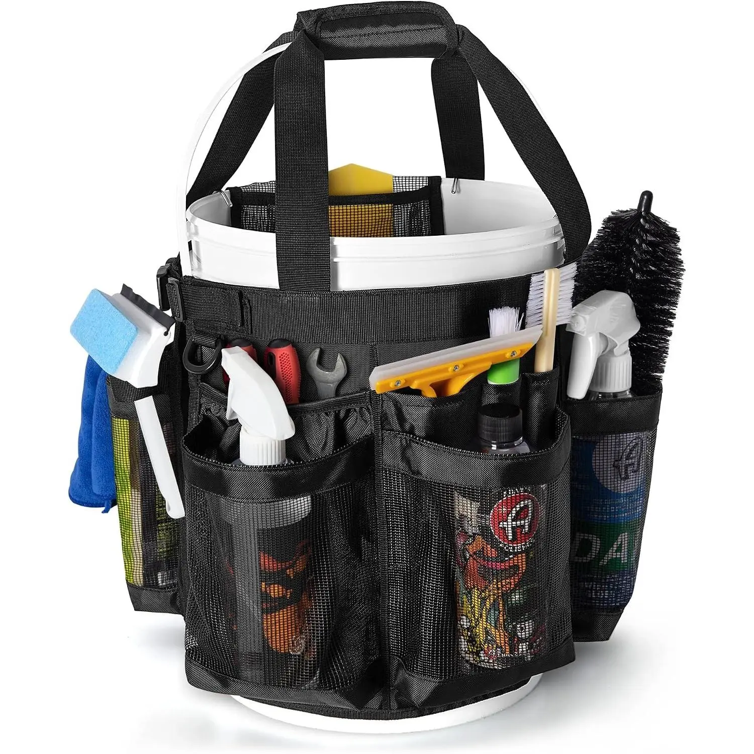 5 Gallon Bucket Organizer with Anti-fall Hooks & Buckle, Car Wash Bucket Caddy with Mesh Pockets, 5 Gallon Cleaning Tools Bag for Home, Auto, Garden & Fishing