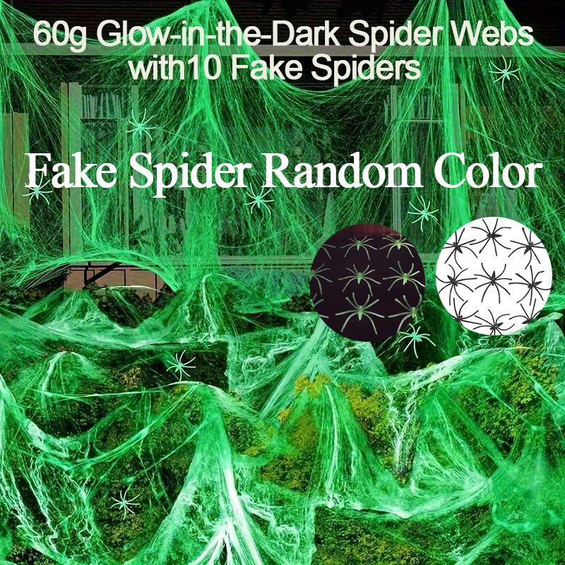 Glow-In-The-Dark Spider Webs with 10 Fake Spiders, Super Elastic Polyester Halloween Decor, Reusable Nighttime Glow Effect, No Power Needed