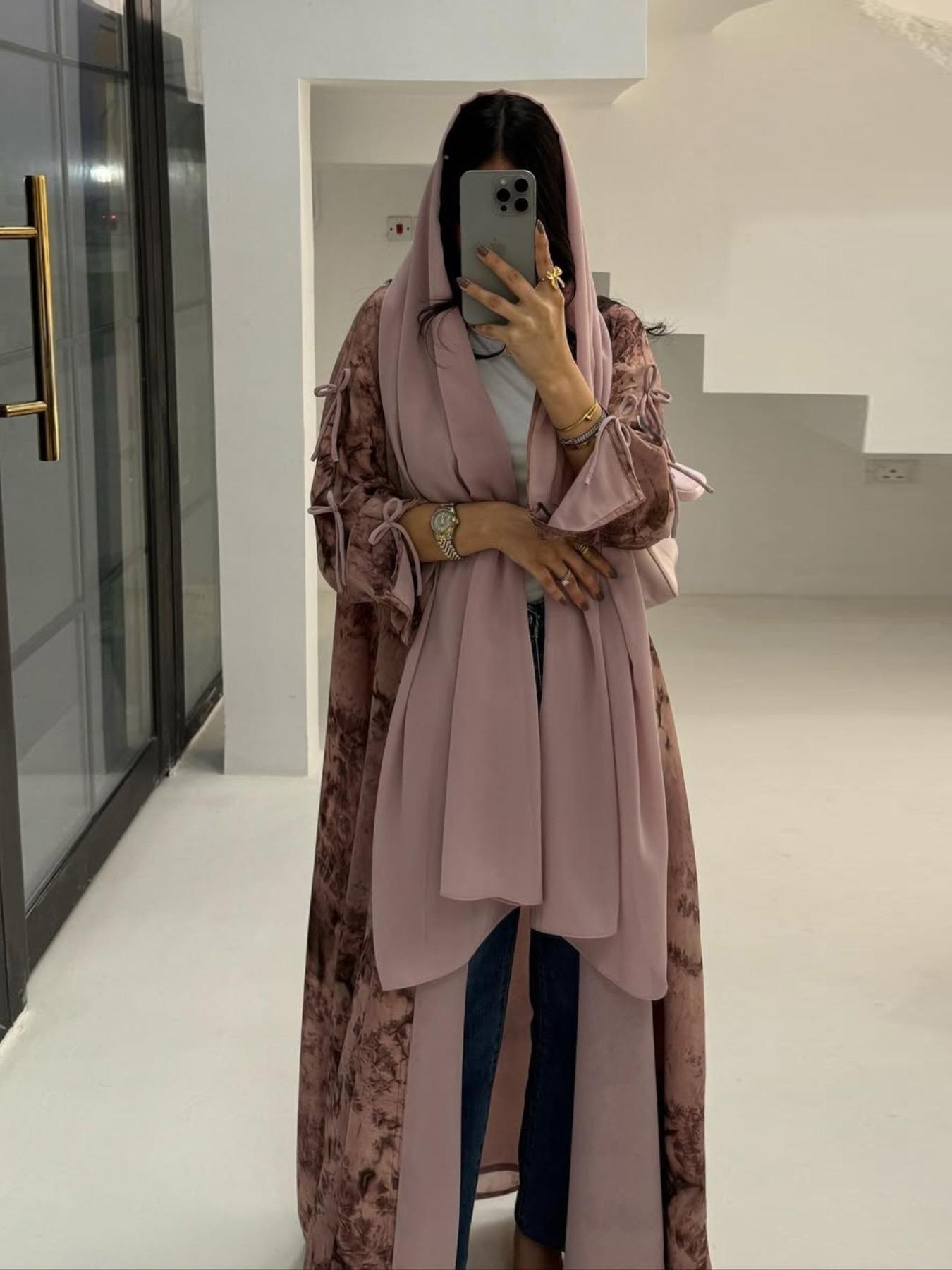 Women's Tie Dye Print Long Sleeve Open Front Abaya, Elegant Casual Tie Dye Print Long Robe, Women's Islamic Clothing for Daily Wear, Abaya Hijab Set, Abayas for Eid, Floral Print Abaya, Abaya Dress Set, Modesty Abaya, Modest Muslim Outfits
