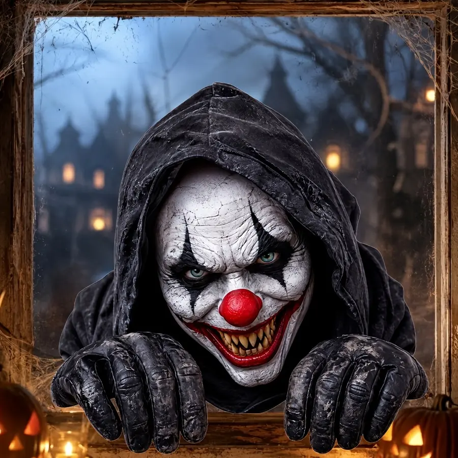 1PC 2D flat Halloween horror style window sticker, Removable Window Decal, scary evil clown window scraping static sticker, Halloween decorative window sticker, adhesive free static reusable window sticker, suitable for home bars horror houses