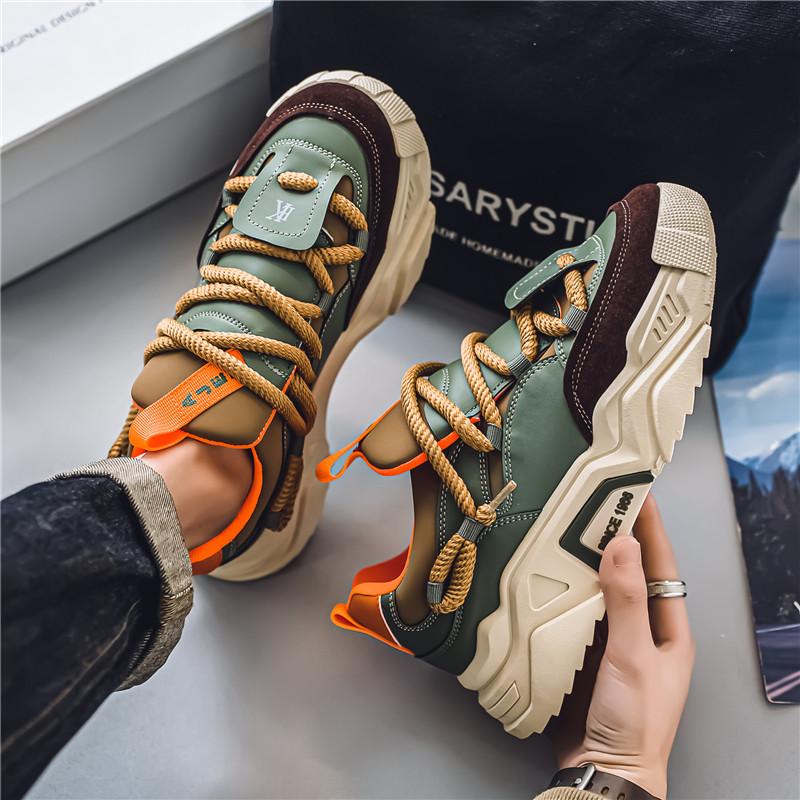 Low-top round toe lace-up casual men's shoes with color-blocking design, available in green and black. Versatile and comfortable running shoes suitable for all seasons, ideal for daily wear, sports and hiking.