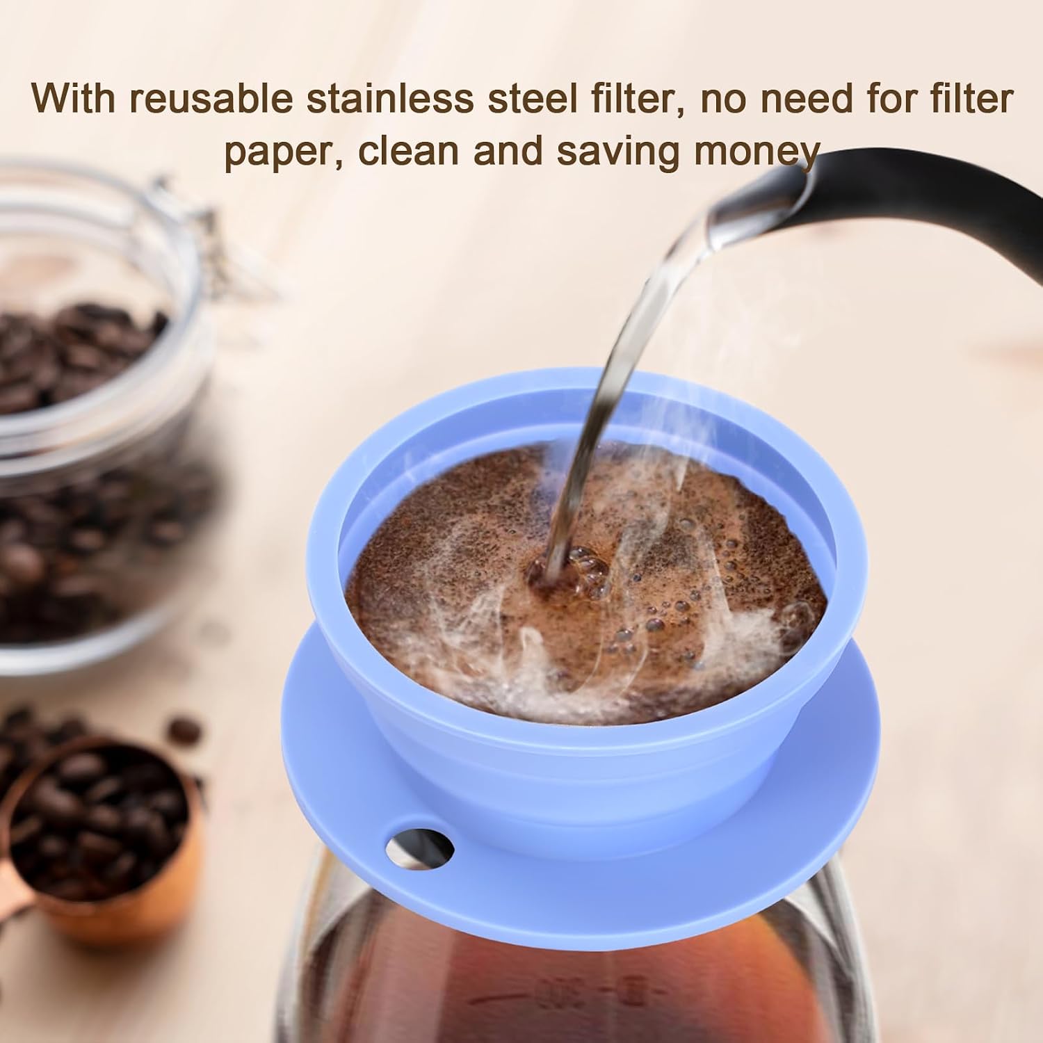 Collapsible Paperless Pour Over Coffee Dripper, Single Cup Travel Pour Over Coffee Maker Camping, Portable  PourOver Coffee Filter with  Metal Mesh Filter (Blue)