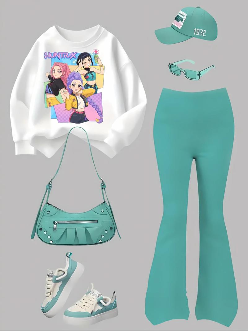 Women's Graphic Print Sweatshirt & Leggings Set, Casual Fitted Elastic Fabric for Spring Fall Outdoor Indoor Activities