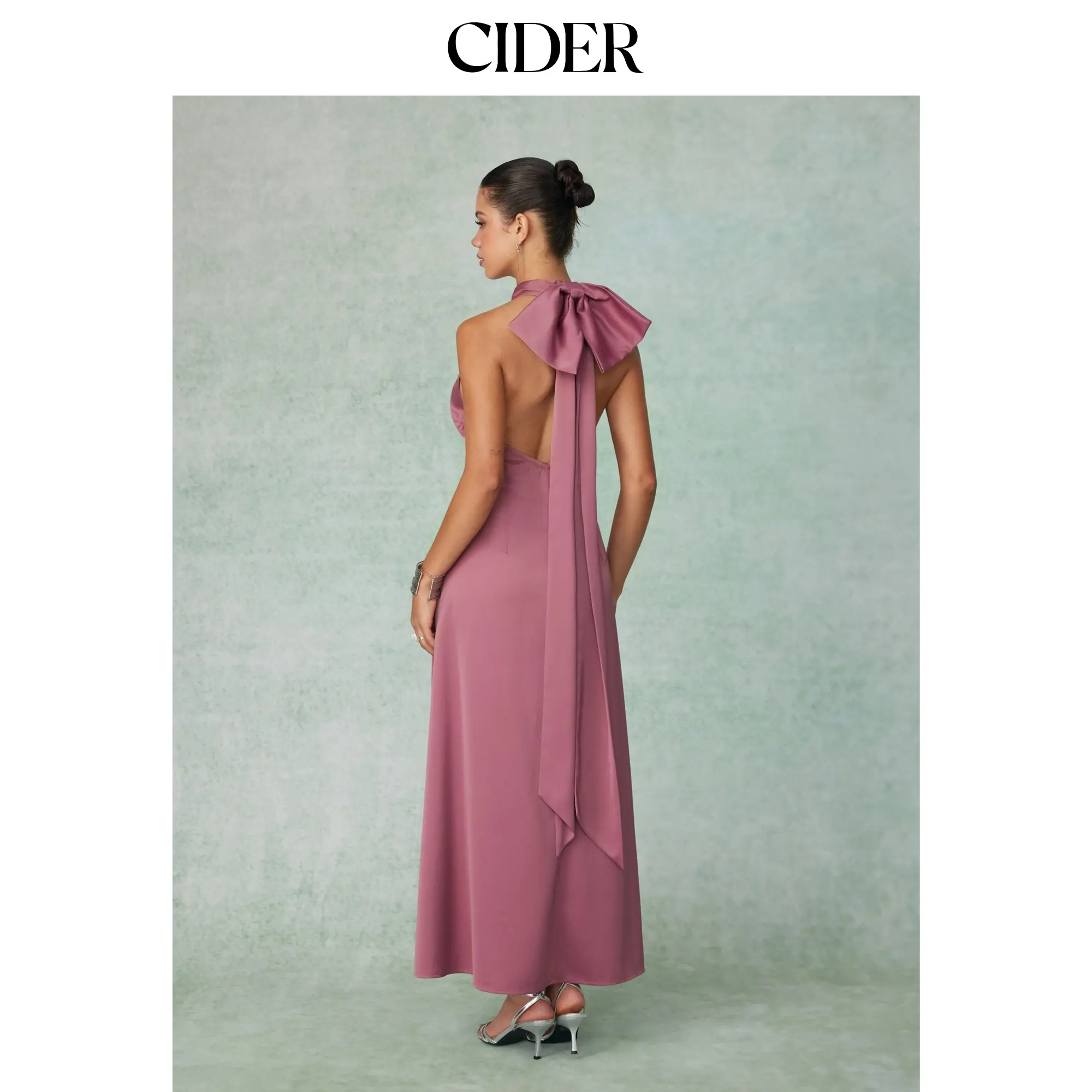 Cider Satin Halter Neckline Backless Bowknot Maxi Mermaid Dress