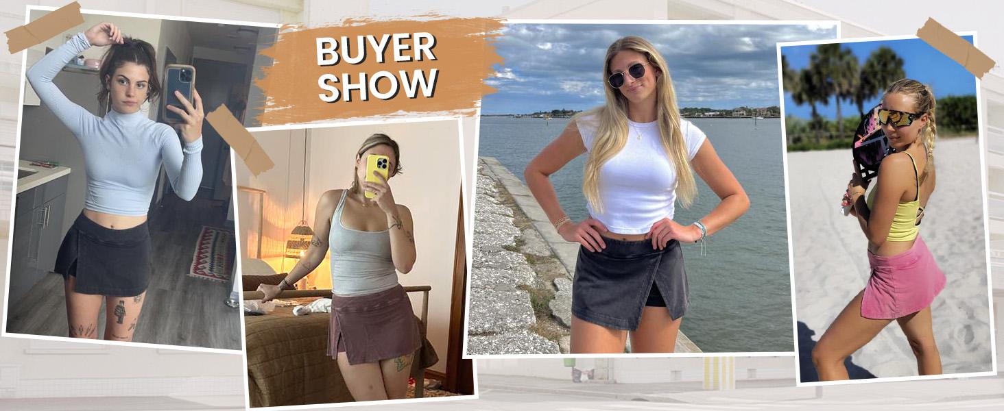 Tanming Washed Mini Skorts for Women High Waist Split Hem Casual Fitted Athletic Bodycon Skort Mini Skirts with Shorts Cotton Spandex Fabric Comfortable for Summer Active Wear Stretchy Elastic Waist Design #SpringStatements