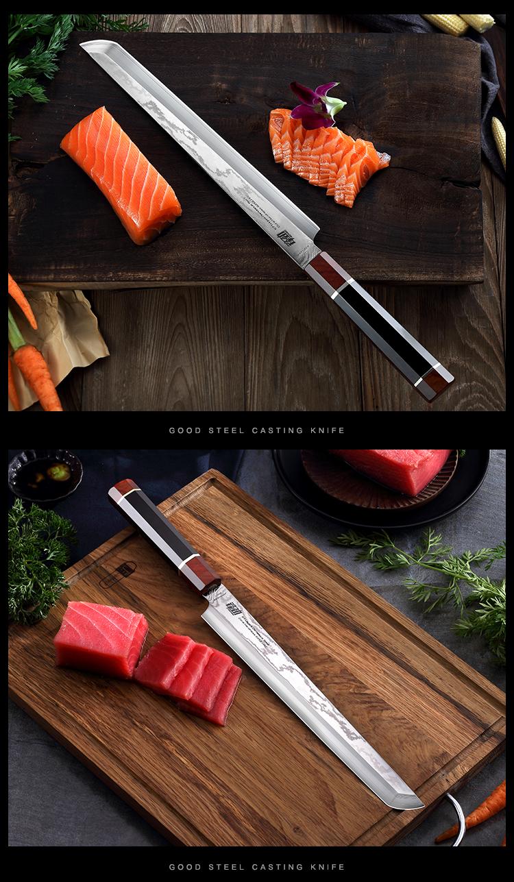 FINDKING Prestige Series Sakimaru Knife with Walnut Cover, Japanese SKD11 Damascus Steel Blade, Ebony Wood Octagonal Handle, Professional Sashimi Sushi Fish Knife (10.5 Inches, with Wooden Gift Box)