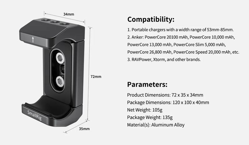 SMALLRIG Aluminum Power Bank Holder, Powerbank Mount Clamp Compatible with Width Range: 53 mm–84 mm (2.1–3.3 inches) and Thickness Range: 0 mm–18 mm (0–0.7 inch) Power Banks - BUB2336