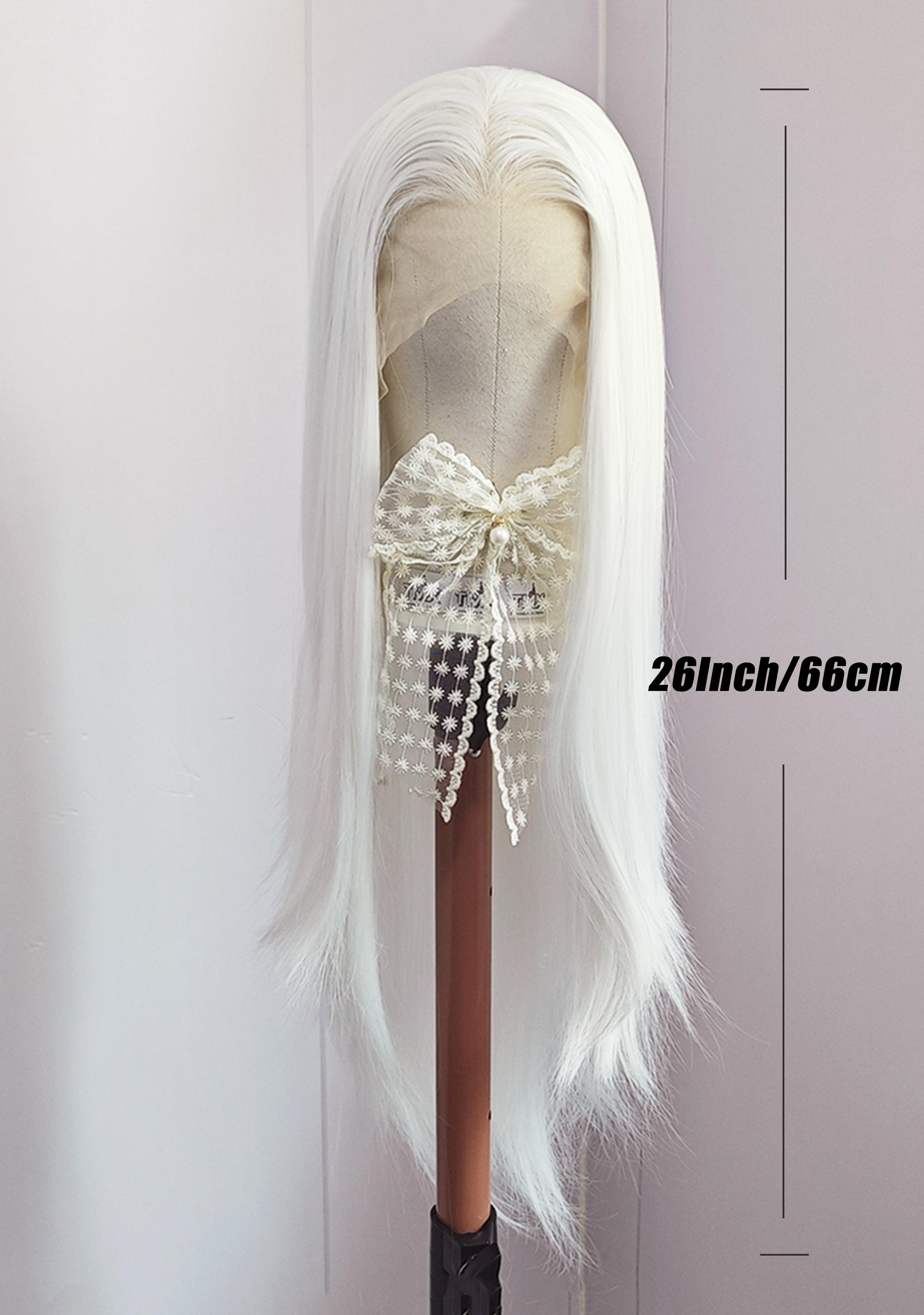 White Wig for Cosplay Long Straight Synthetic Wig Natural Hairline High Quality Heat Resistant White Color Lace Front Wigs Soft White Hair Halloween Makeup for Women Man Use 26 inch Straight Hair